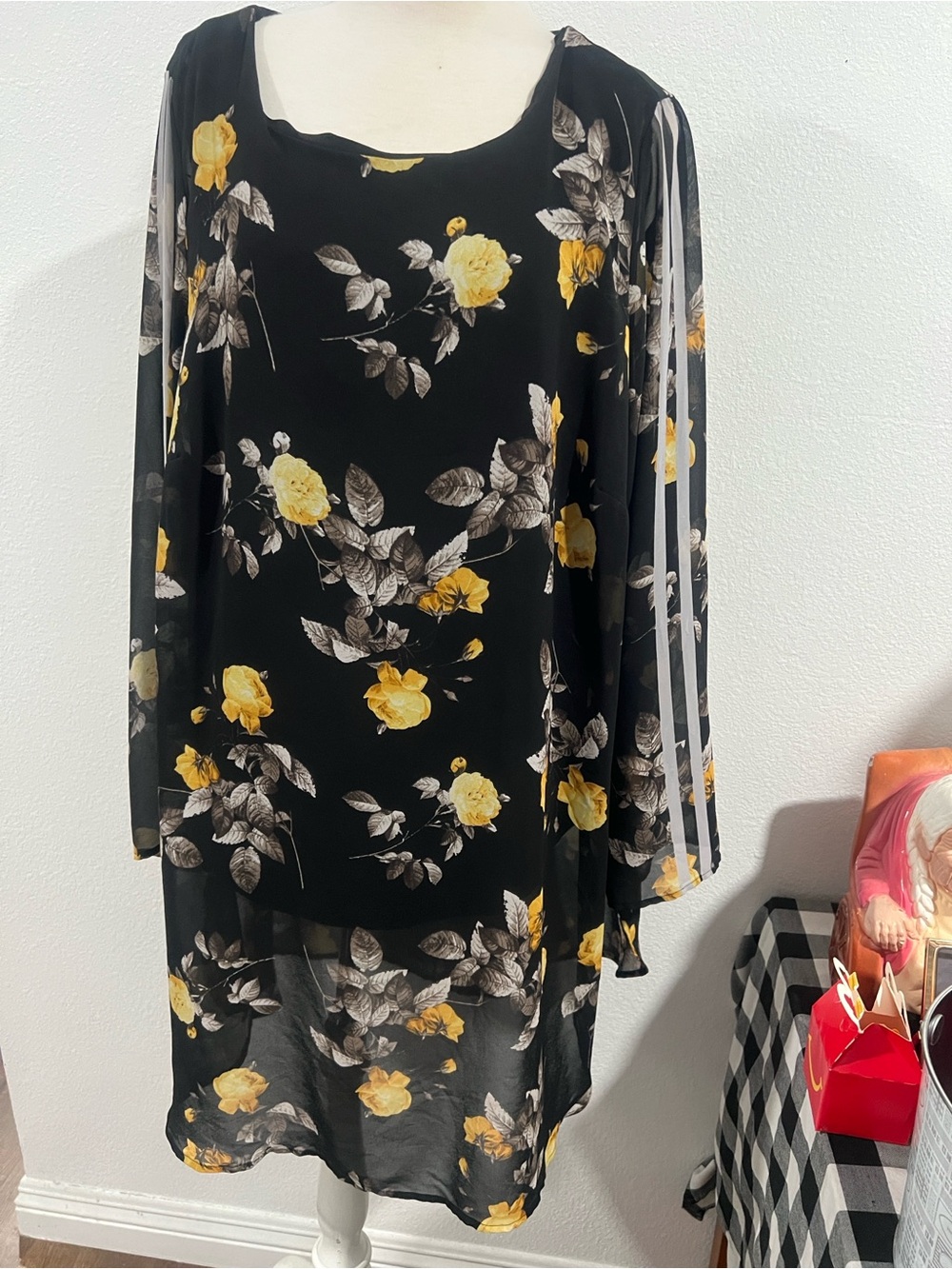 Black Floral Sheer Layered long blouse with Yellow Rose Print